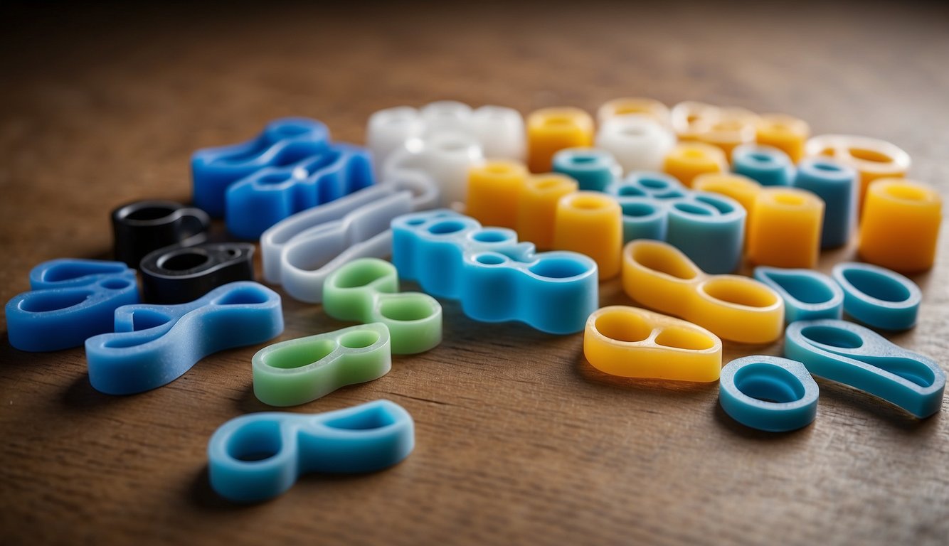 A variety of toe spacers are depicted in different materials such as silicone, gel, foam, and rubber. Each type is shown in a separate section for easy identification
