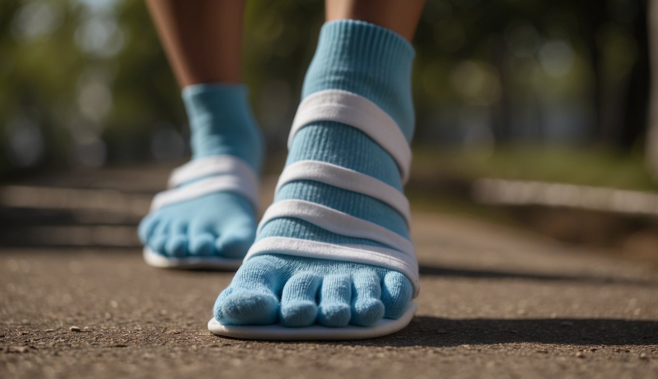 Toe spacers are shown placed between toes, with socks covering them