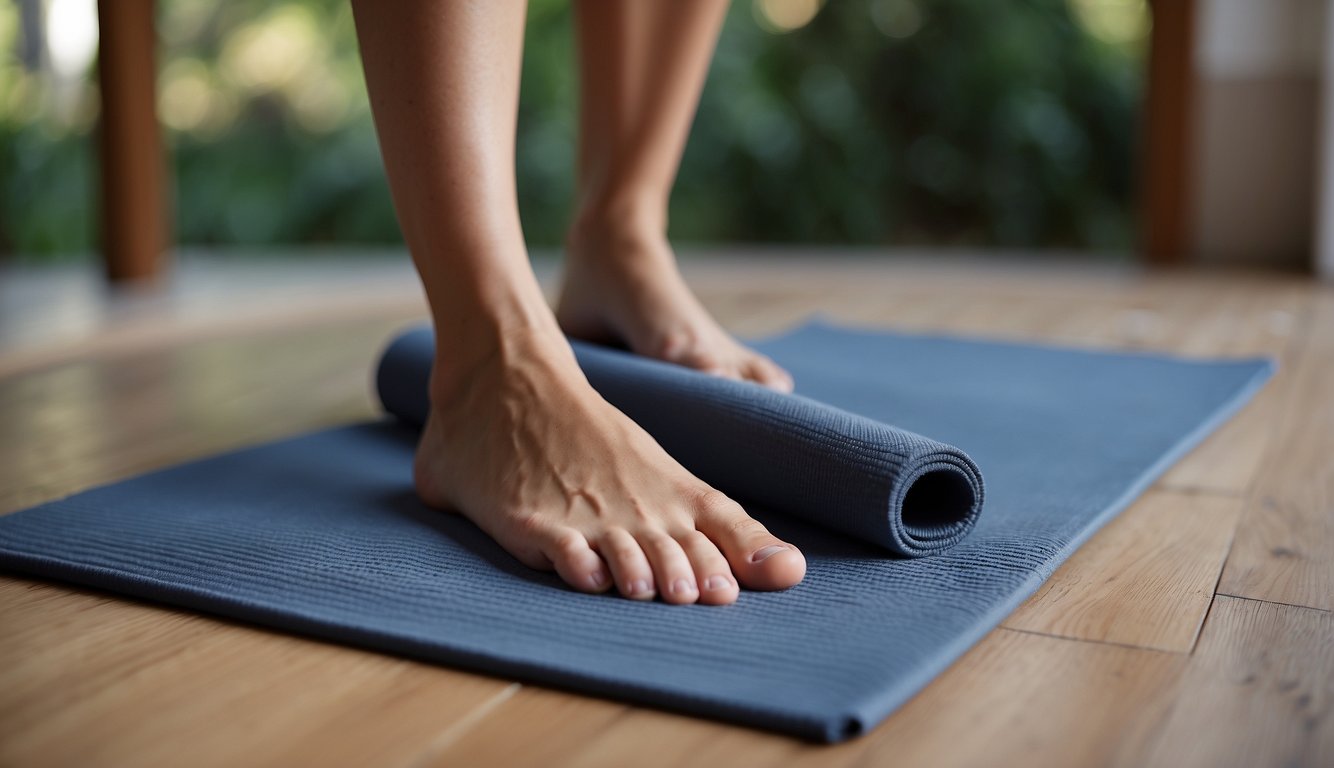 Toes spread apart with spacers, toes pressing gently against the spacers. Yoga mat underneath, with a serene and peaceful atmosphere