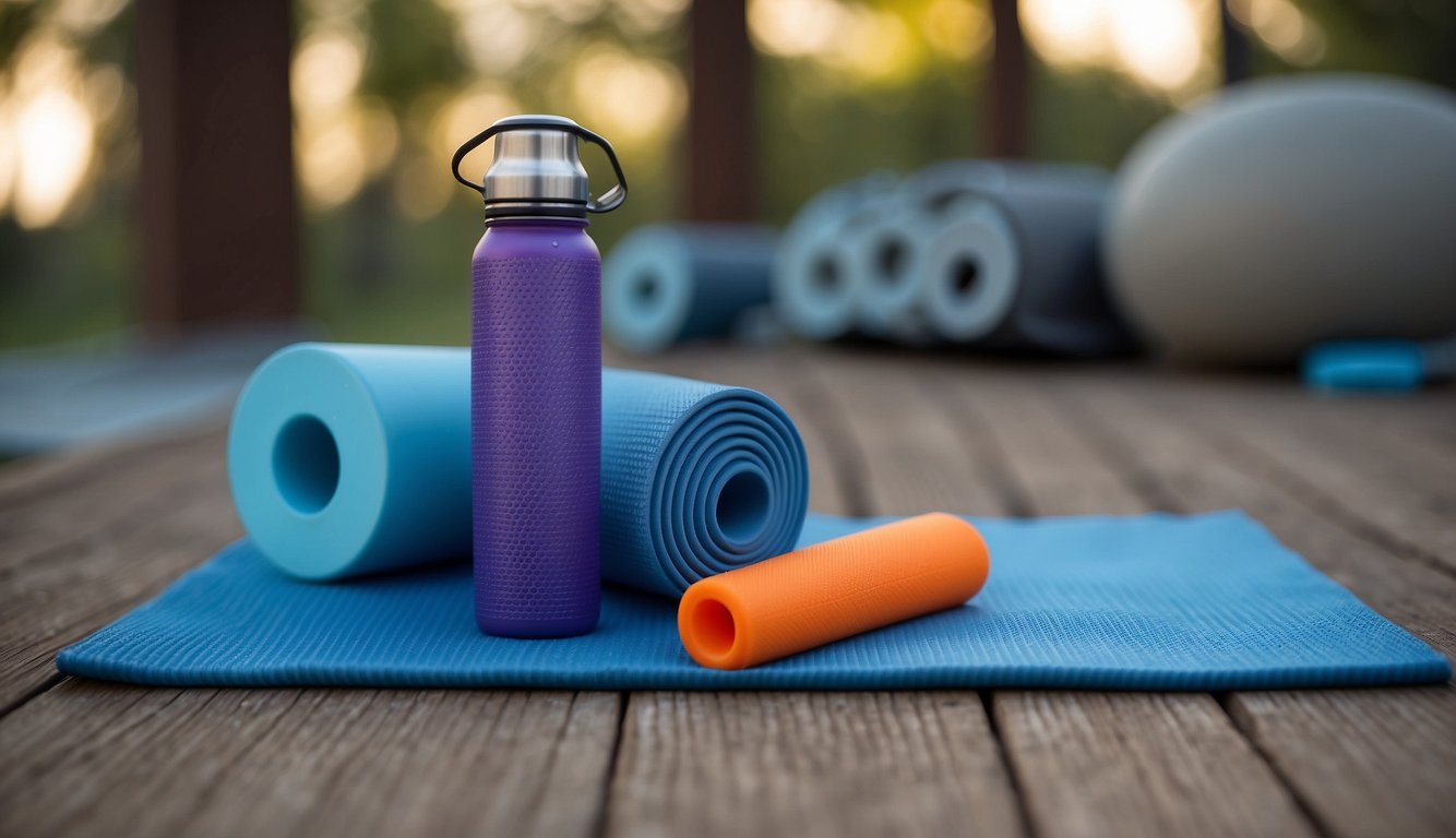 A pair of toe spacers placed on a yoga mat, with a yoga block and a water bottle nearby