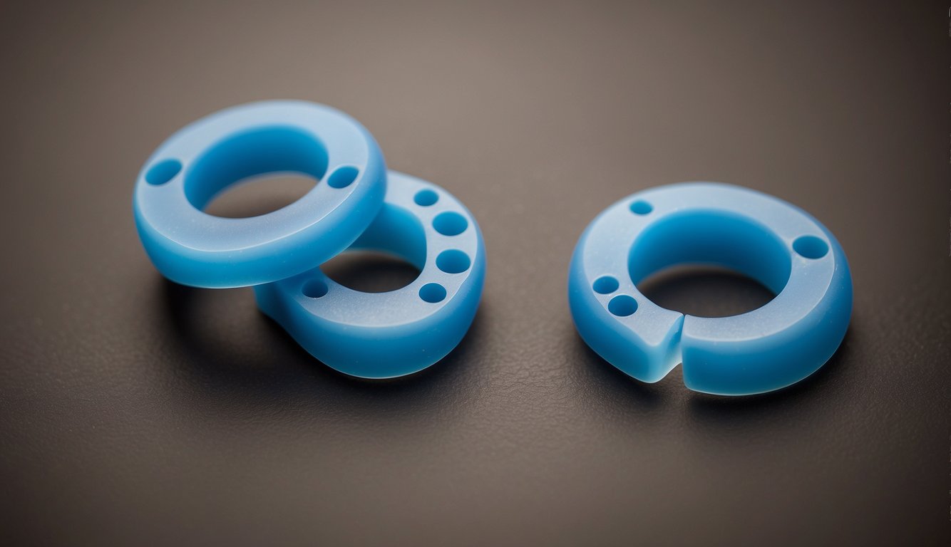 Two silicone toe spacers separating overlapping toes on a flat surface