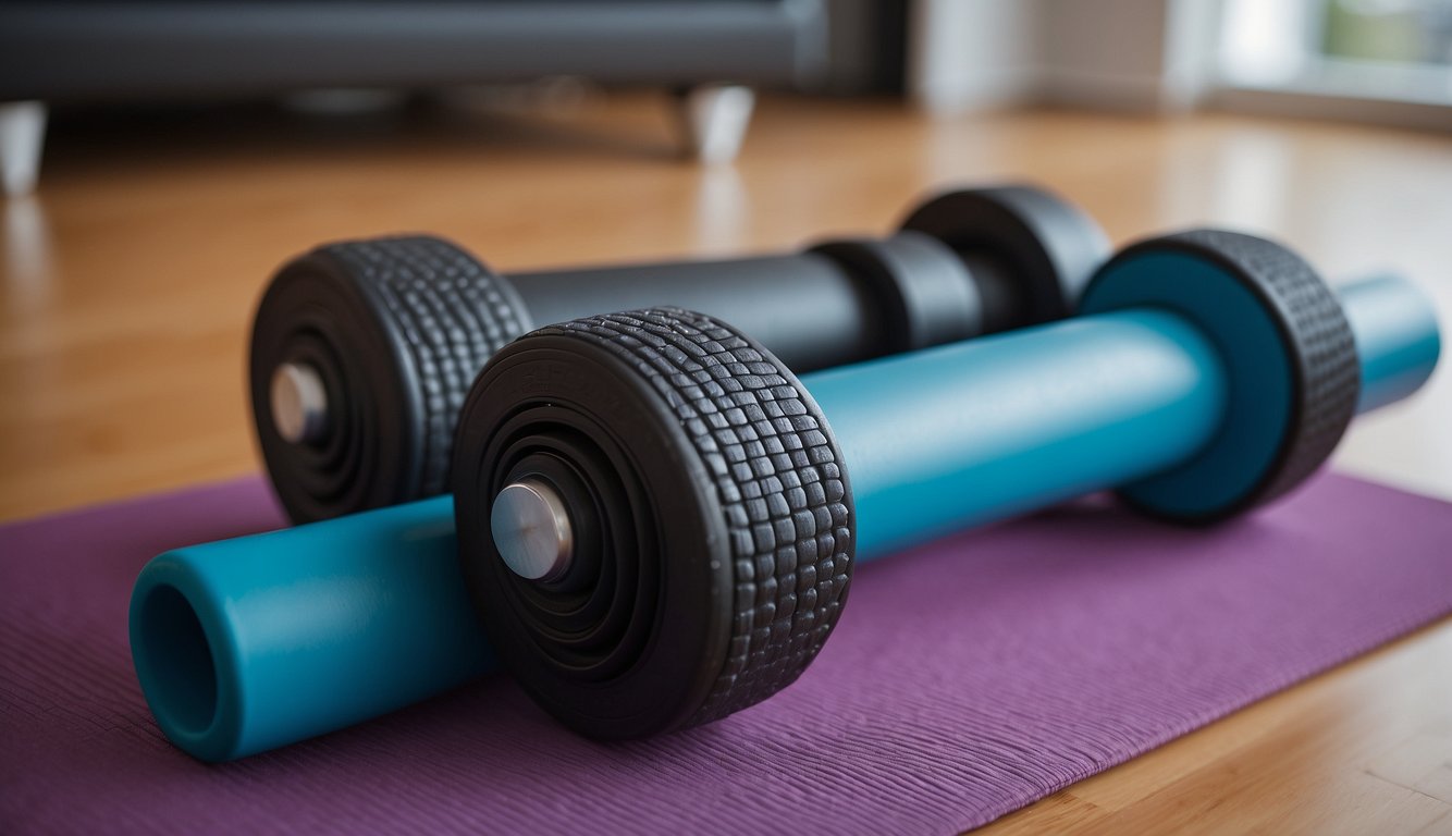 A pair of toe spacers and various foot exercise equipment laid out on a yoga mat