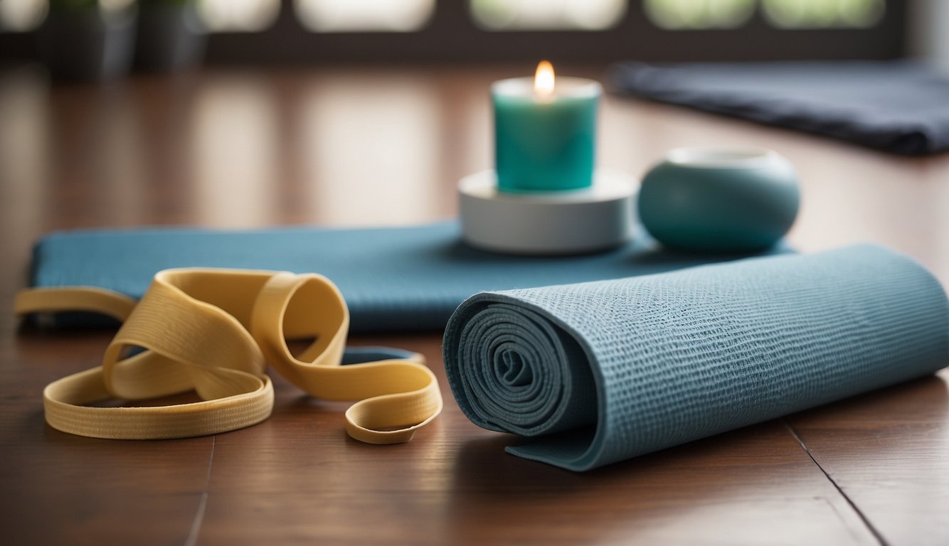 A pair of toe spacers placed on a yoga mat, surrounded by various yoga props. A book open to a page about toe stretching exercises lies nearby