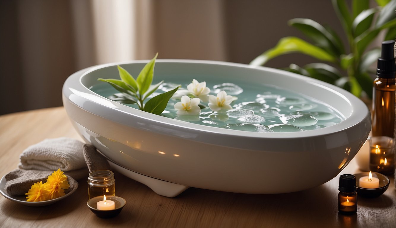 A foot spa with toe spacers arranged on a soft towel, surrounded by soothing essential oils and a calming atmosphere