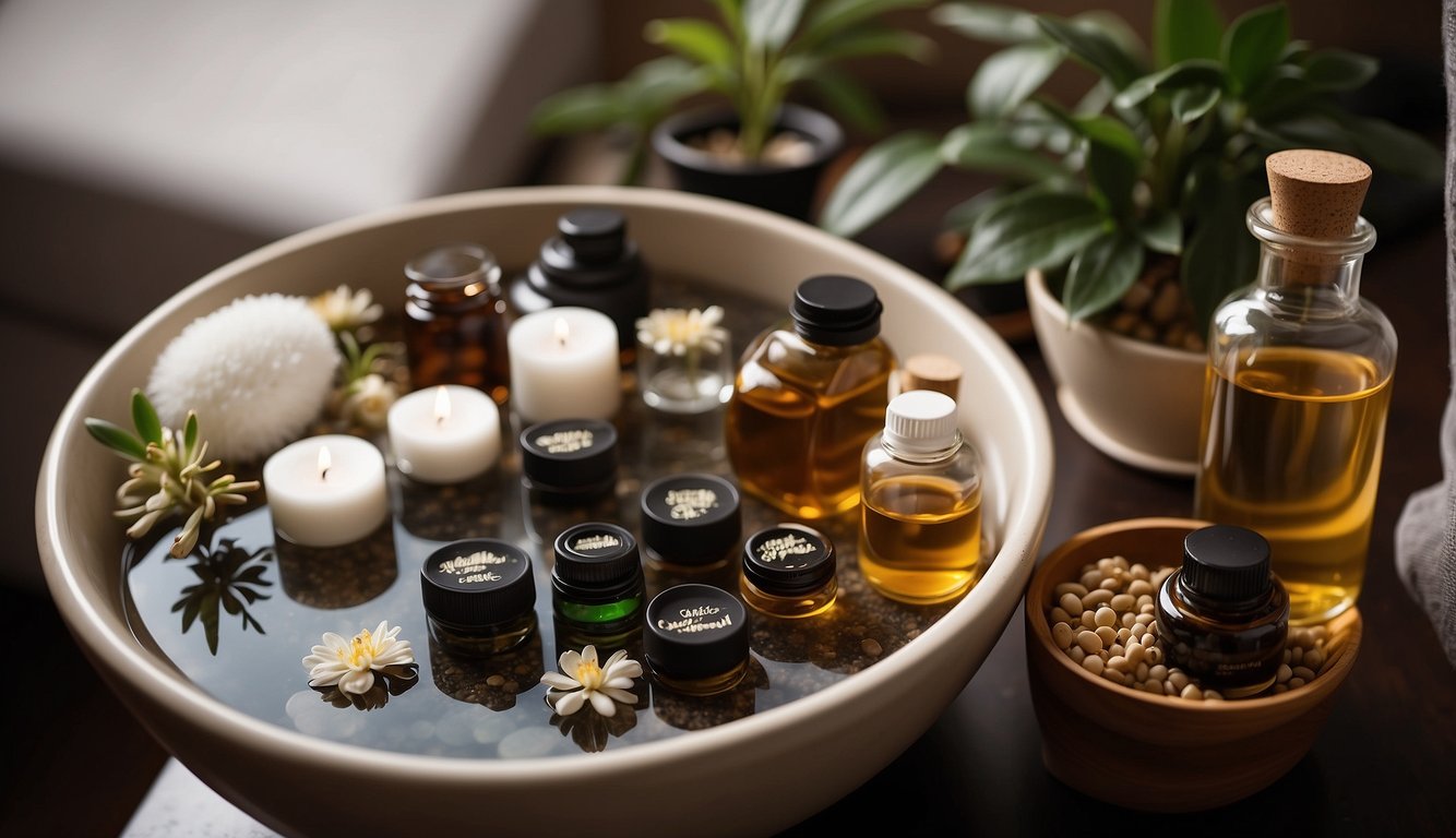 A foot spa setup with toe spacers placed neatly beside a bowl of warm water and essential oils. A professional advisor discussing spa routine steps
