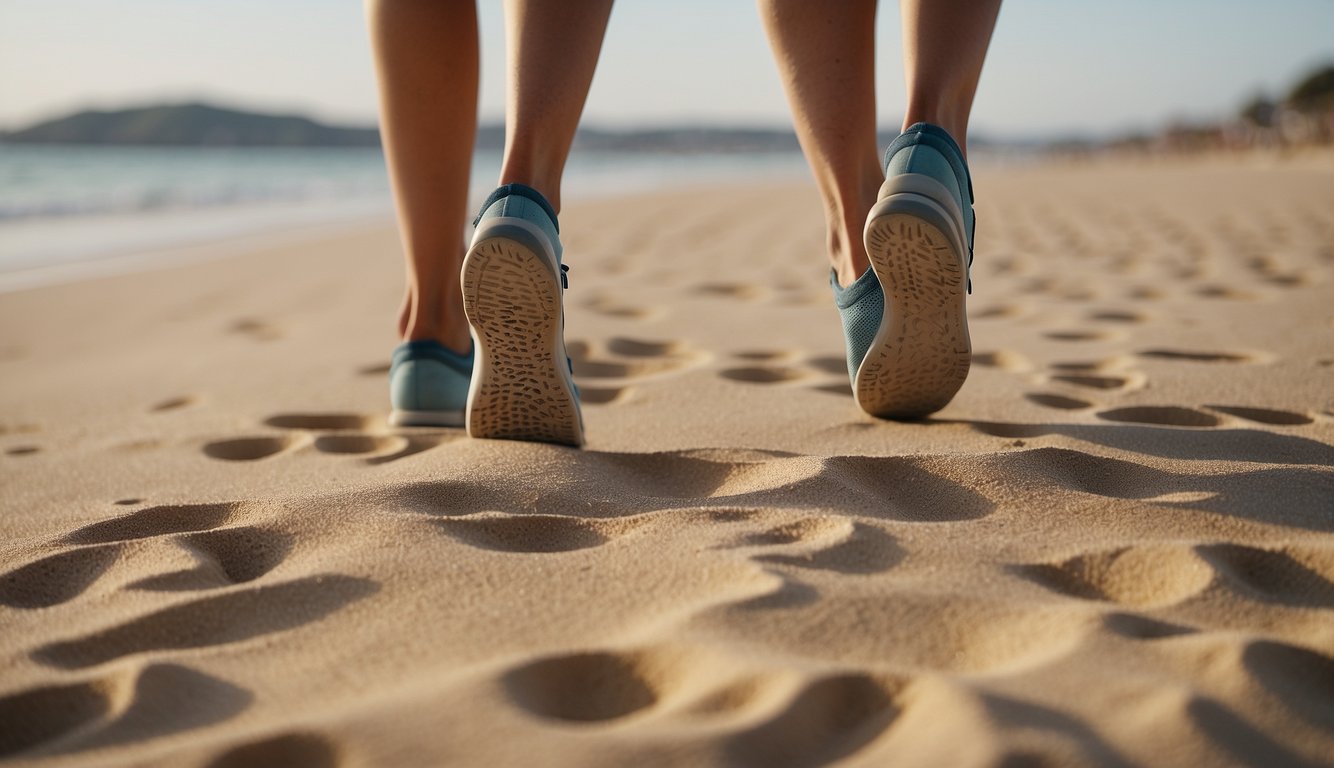 A person walking barefoot on soft sand, wearing supportive shoes, and doing foot exercises