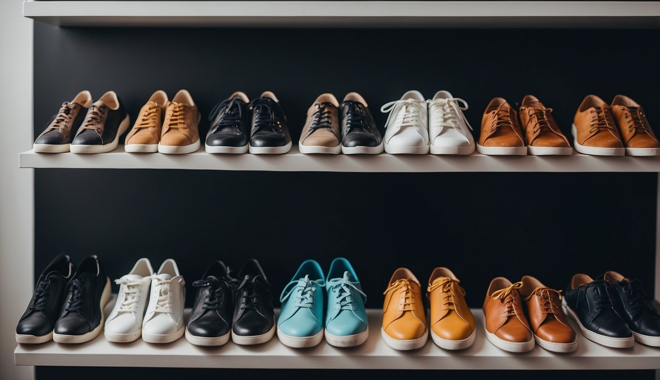 A variety of shoes arranged neatly on a shelf, including sneakers, sandals, and supportive orthopedic footwear