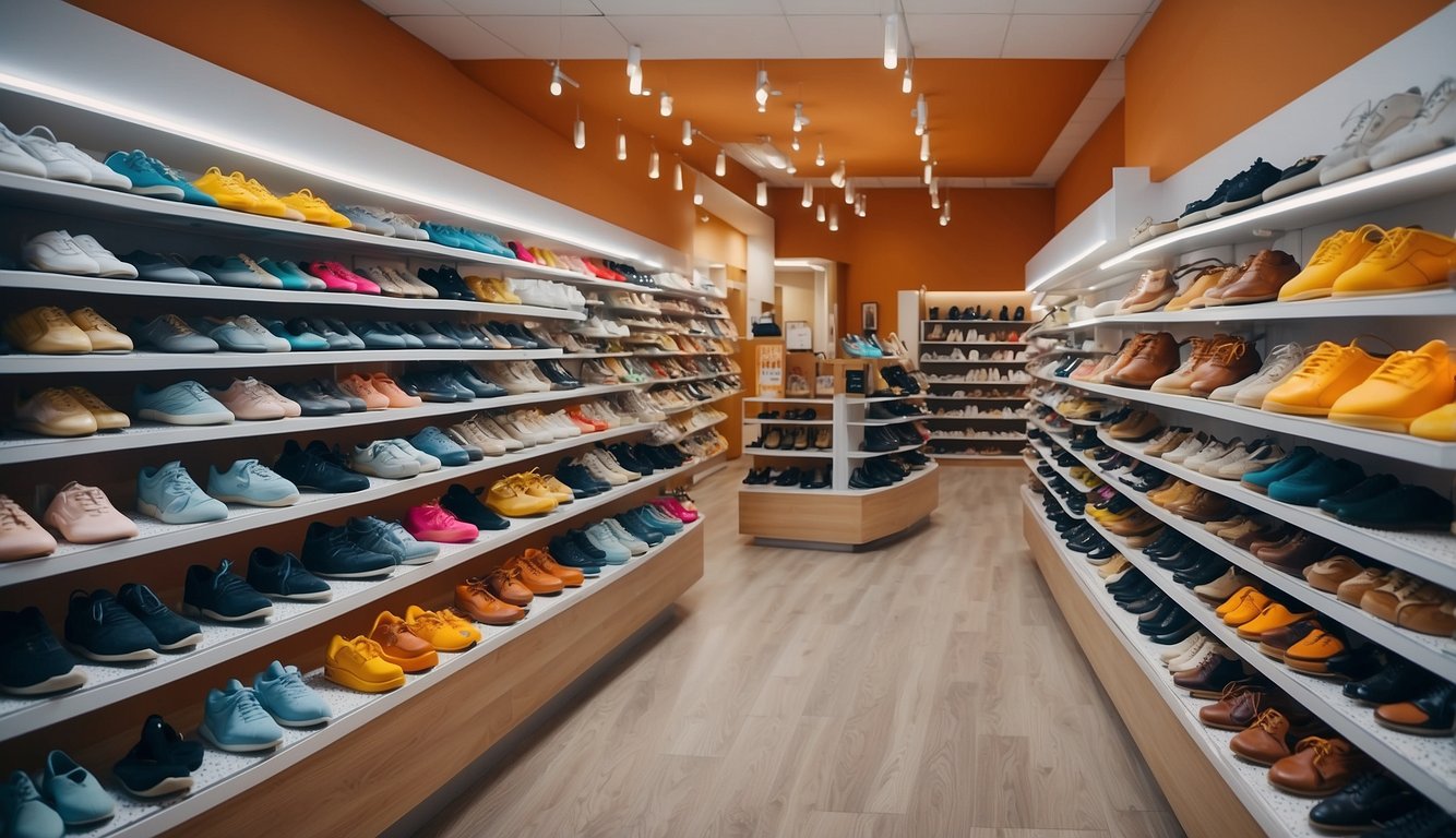 A diverse collection of comfortable shoes, orthopedic inserts, and foot care products displayed on shelves in a bright, modern store