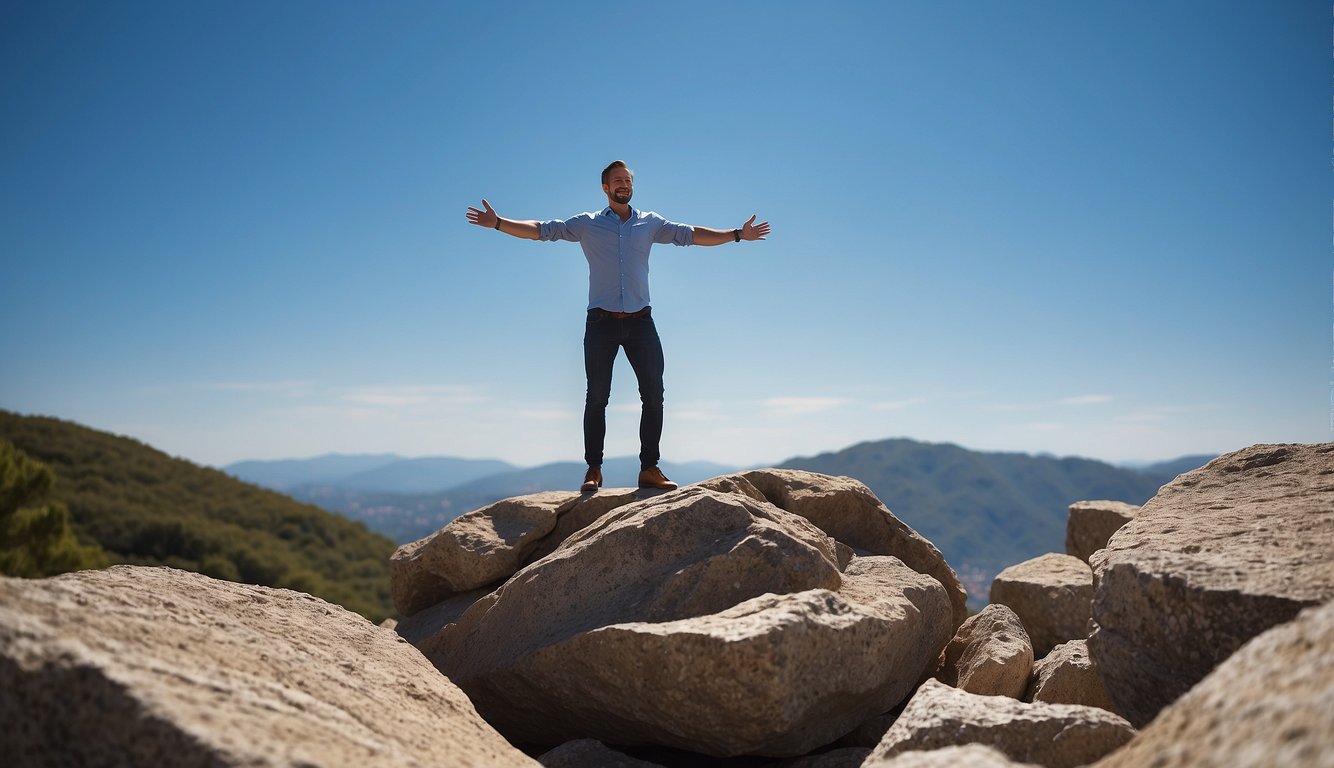 A figure standing on one leg, arms outstretched for balance, on a rocky surface with a clear blue sky in the background