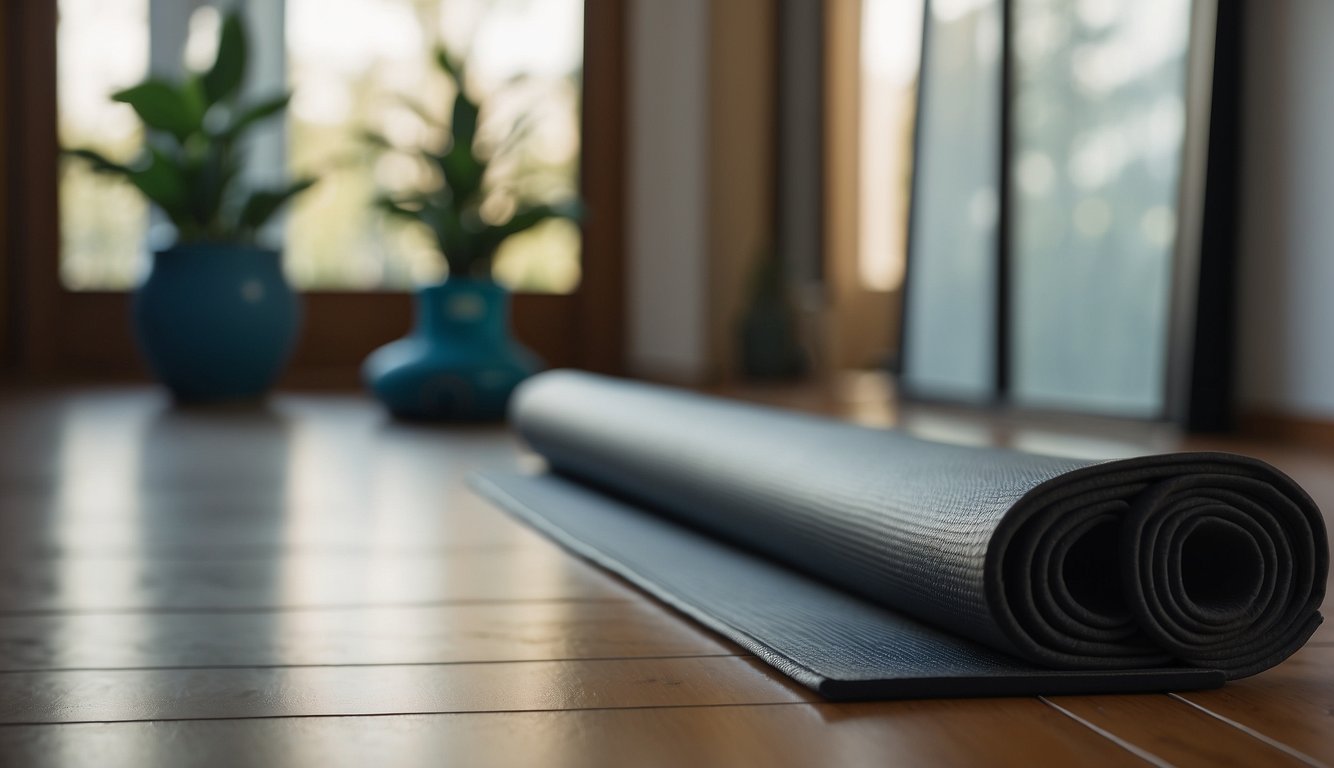 A yoga mat, yoga blocks, and a yoga strap arranged on the floor in front of a mirror, with a focus on foot alignment and posture