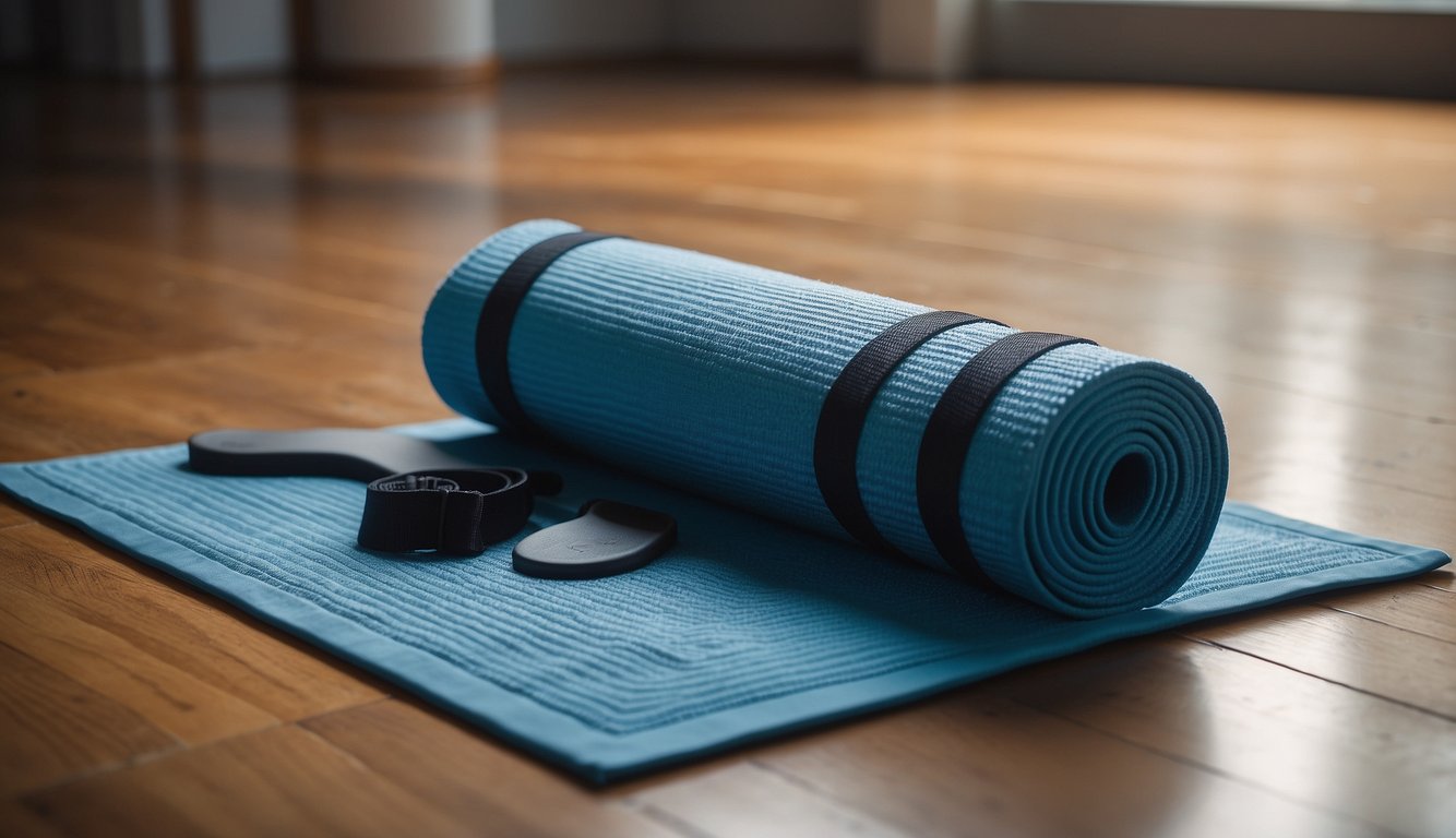 A yoga mat with a pair of yoga socks, a foam yoga block, and a yoga strap arranged neatly on the floor
