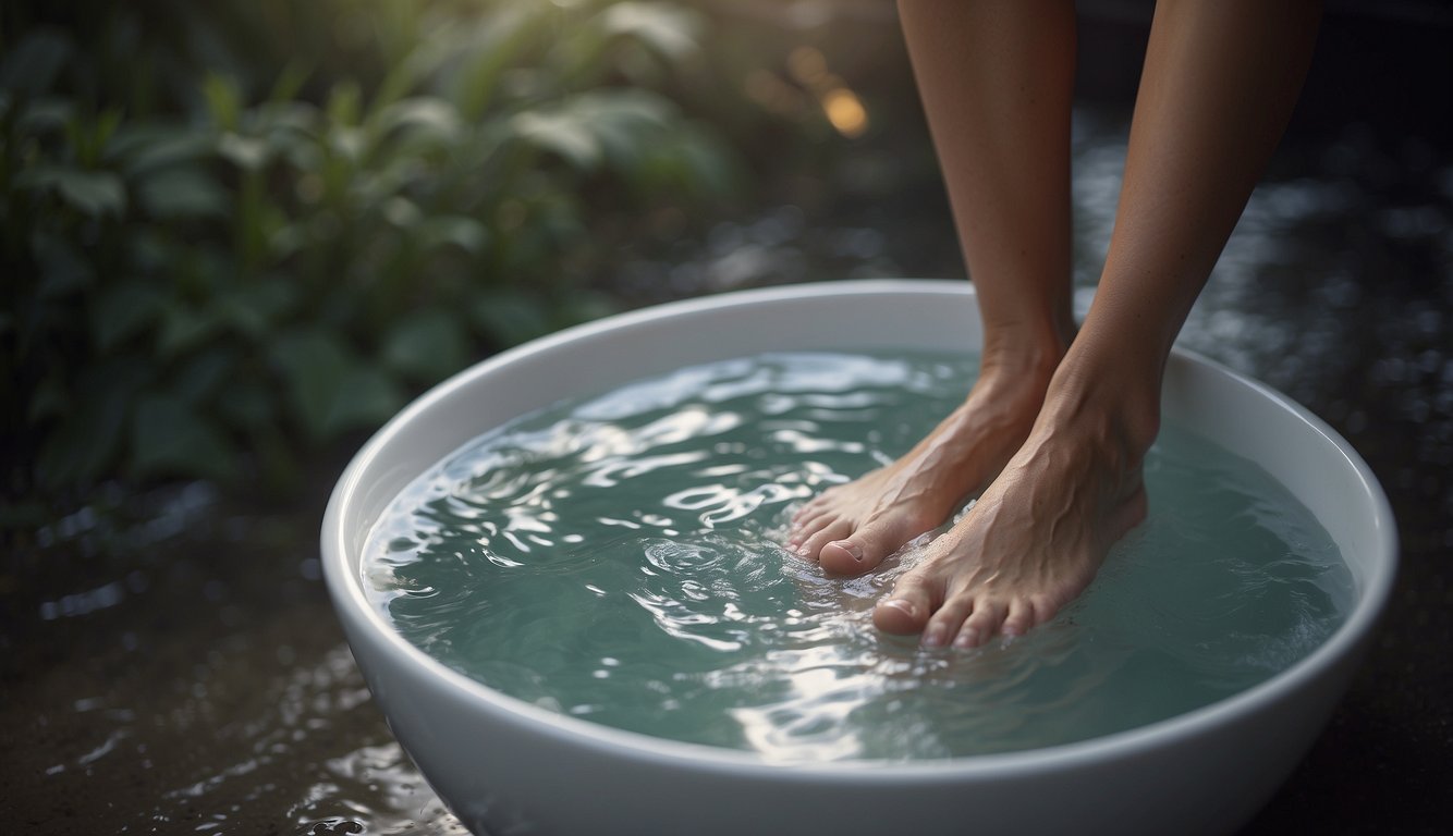 A person soaking their feet in warm water with Epsom salt, followed by gently stretching and taping the toes to realign them