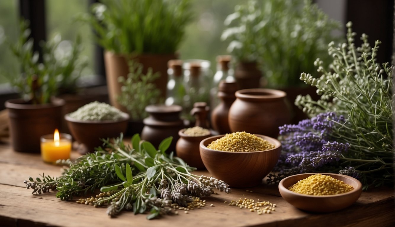 A variety of herbs and plants arranged on a wooden table, including chamomile, lavender, and eucalyptus, with a mortar and pestle nearby for preparation