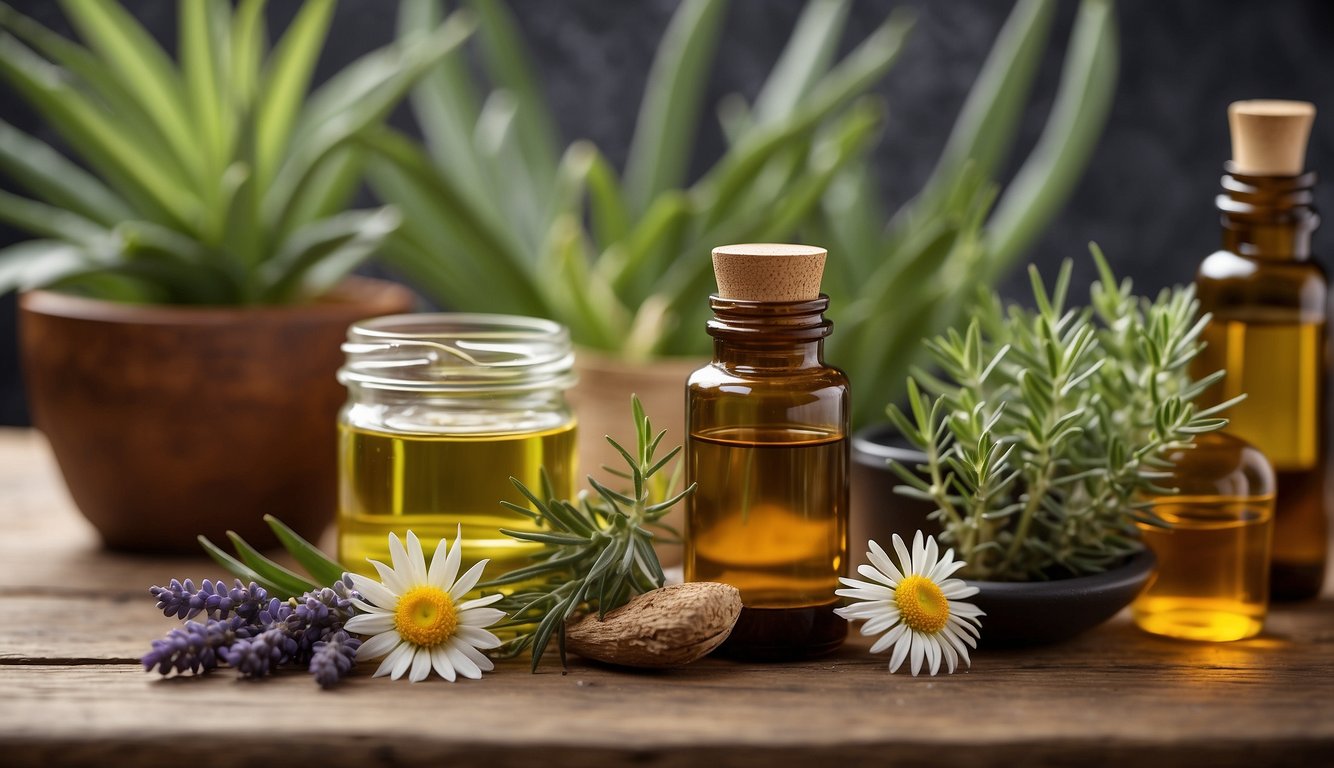 A variety of herbs and plants, such as aloe vera, chamomile, and lavender, are displayed on a wooden table, alongside essential oils and massage tools