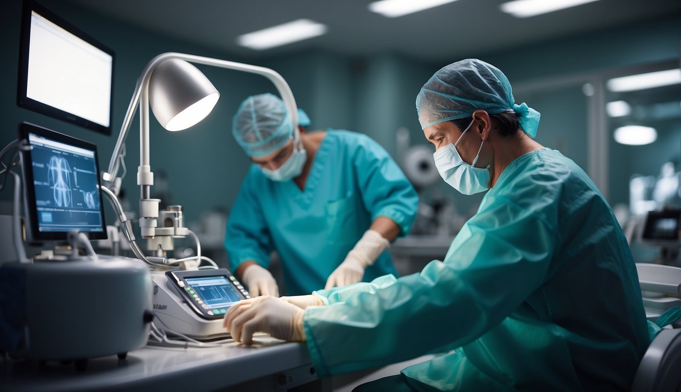 A surgeon operates on a bunion, using specialized tools and equipment in a sterile operating room