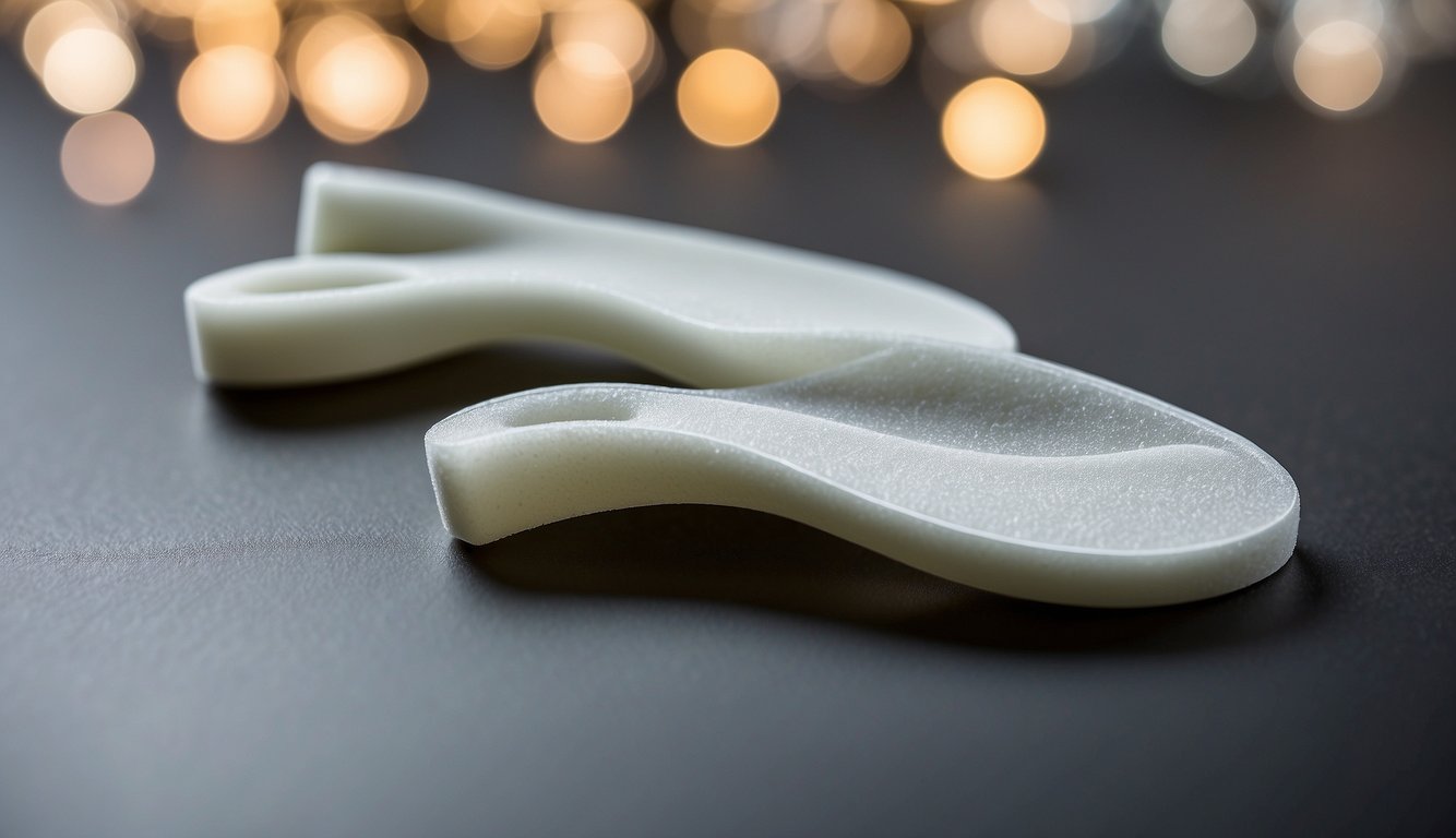 Two toe spacers lay on a soft, cushioned surface. One is made of silicone and the other of foam, both appear to be gently curved to fit between toes