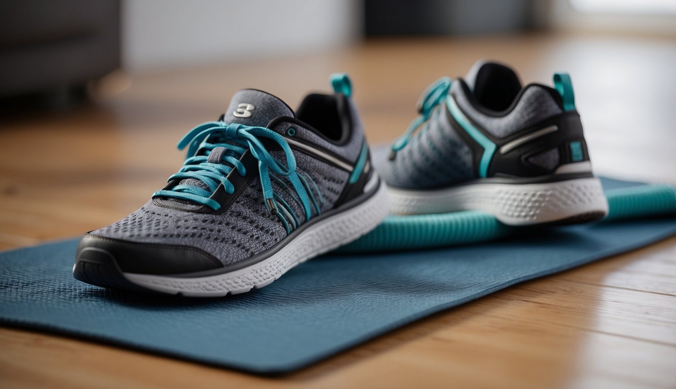 A pair of running shoes on a yoga mat with toe spacers placed between the toes. A stretching band is nearby