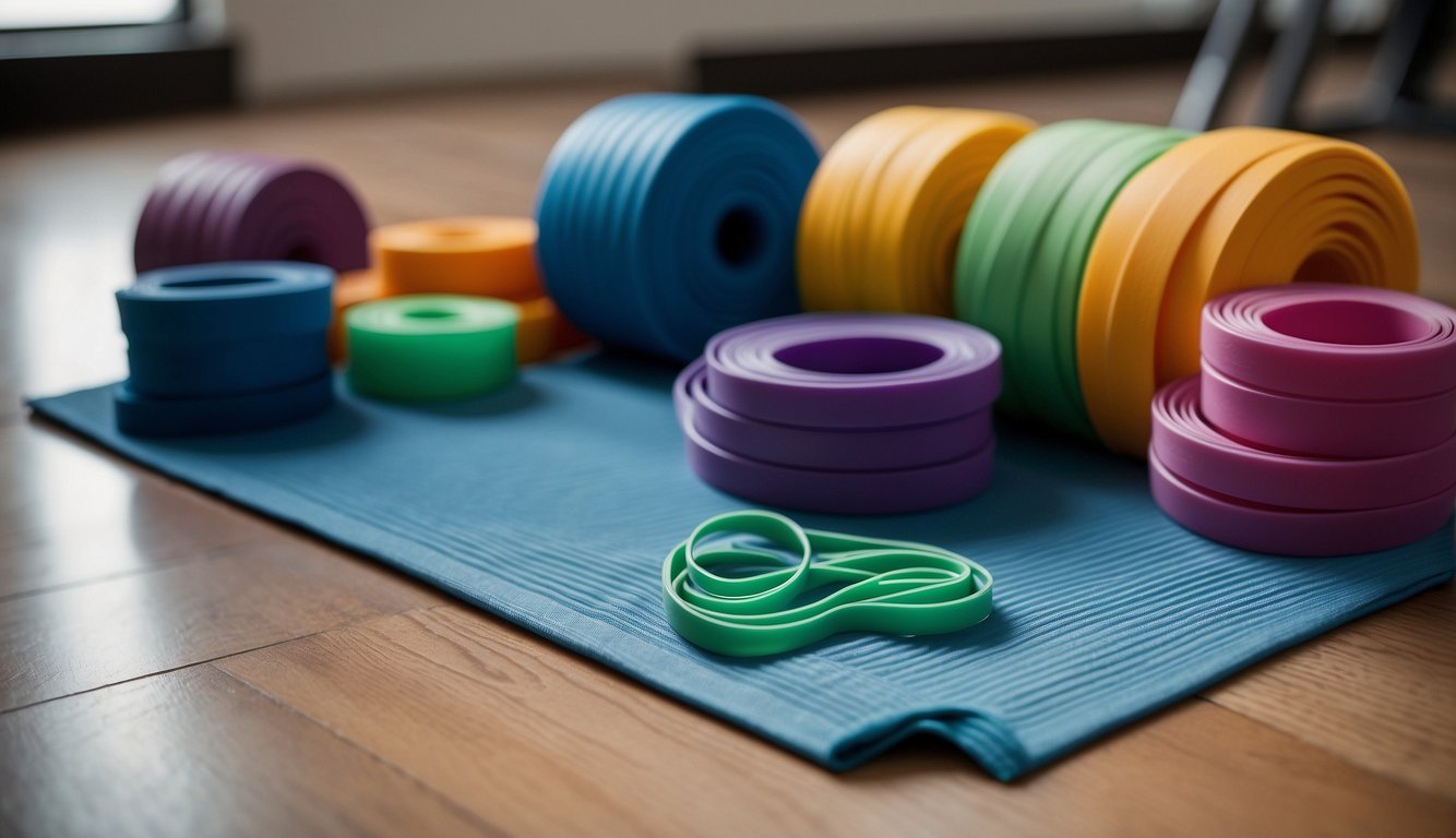 An array of toe spacers and resistance bands lay on a yoga mat, surrounded by various toe strengthening exercise equipment