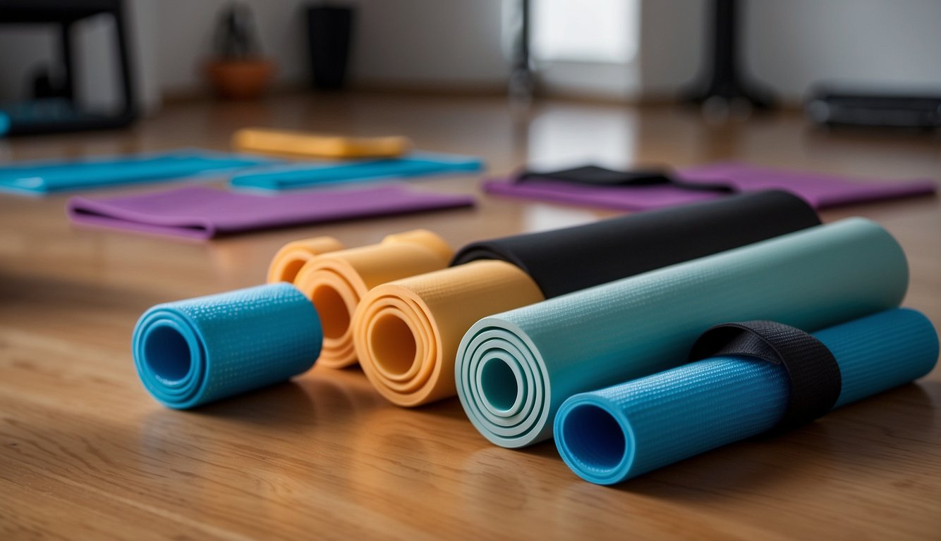 A pair of toe spacers placed on a yoga mat surrounded by various workout equipment, such as resistance bands and yoga blocks