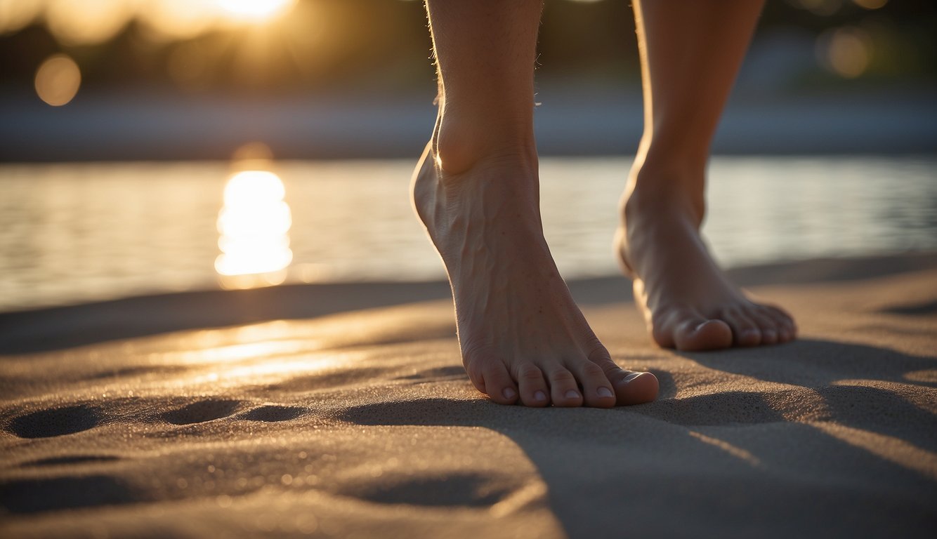 A pair of toe spacers are nestled between a pair of feet, creating a gap between the toes. Rays of warm sunlight gently touch the spacers, while a cool breeze gently flows around them, illustrating the potential benefits of foot temperature regulation
