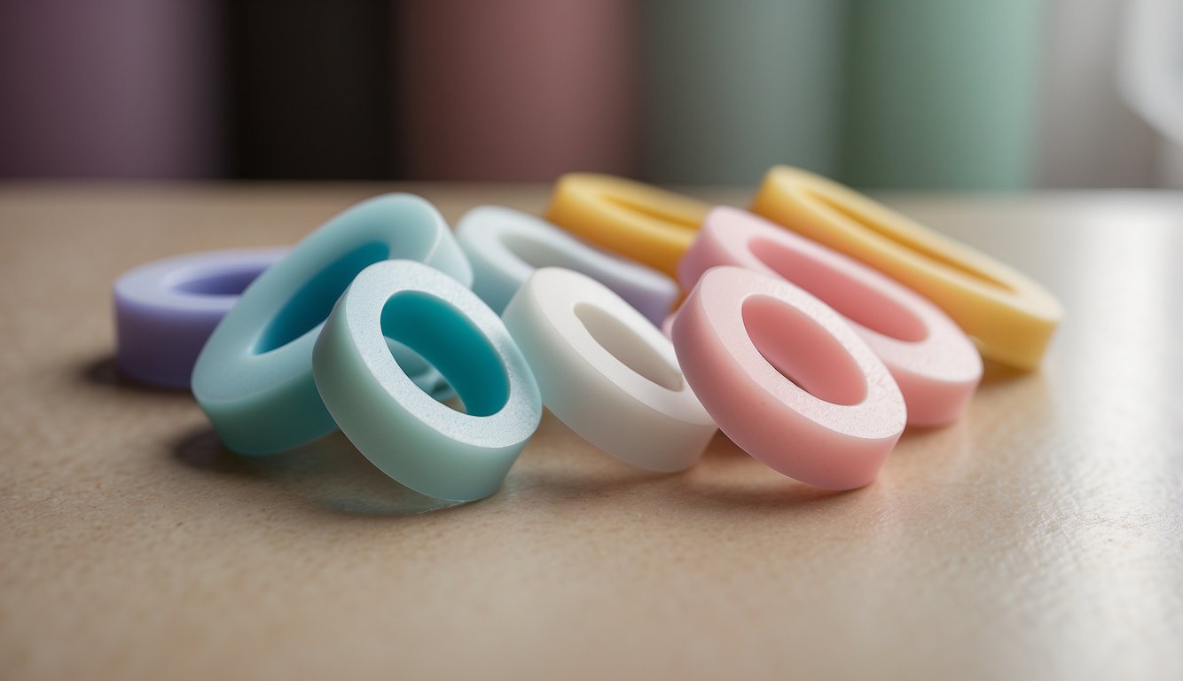 Toe spacers arranged neatly on a soft, pastel-colored surface. A few calluses and corns in the background to illustrate their potential benefits