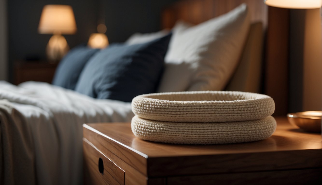 A pair of toe spacers sit on a wooden nightstand next to a cozy bed with a warm blanket. The room is filled with soft lighting and a serene atmosphere, creating a sense of relaxation and comfort