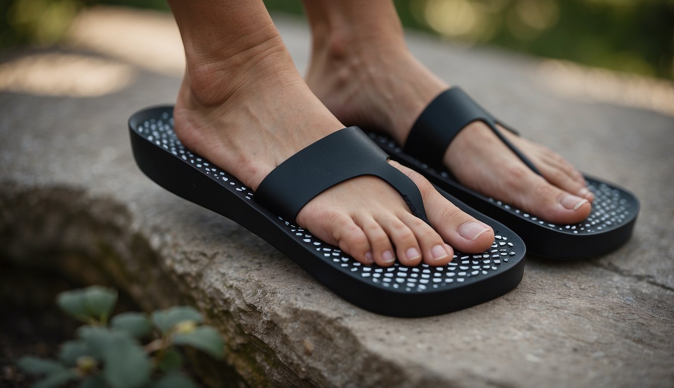 Toe spacers gently separate toes, promoting relaxation and alignment. Feet rest on a soft surface, surrounded by a calming environment