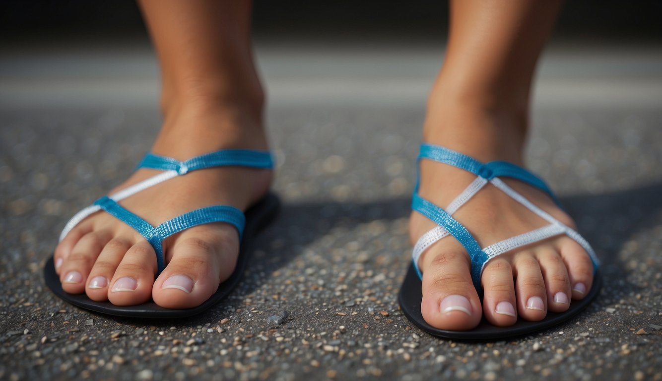 Toe spacers stretch between toes, promoting flexibility and alignment. Feet are elevated, with spacers visible between each toe