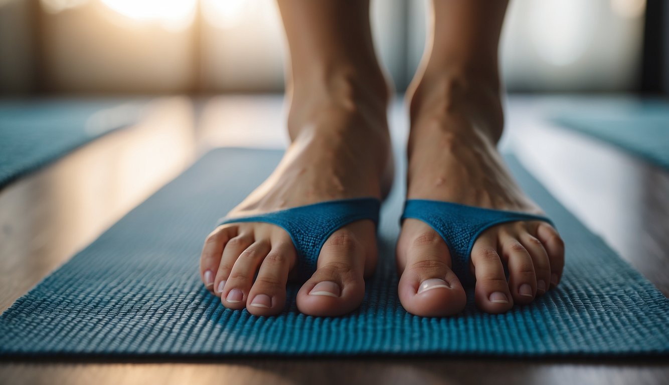 Toe spacers are placed between toes as feet rest on a yoga mat. Toes are spread apart, aiding in balance and alignment during yoga and Pilates poses