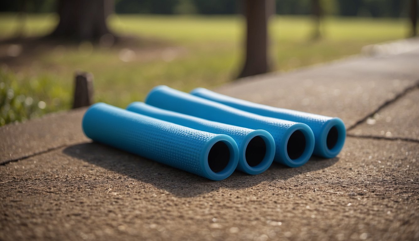 A pair of toe spacers sit on the ground surrounded by various objects like a yoga mat, resistance bands, and a water bottle