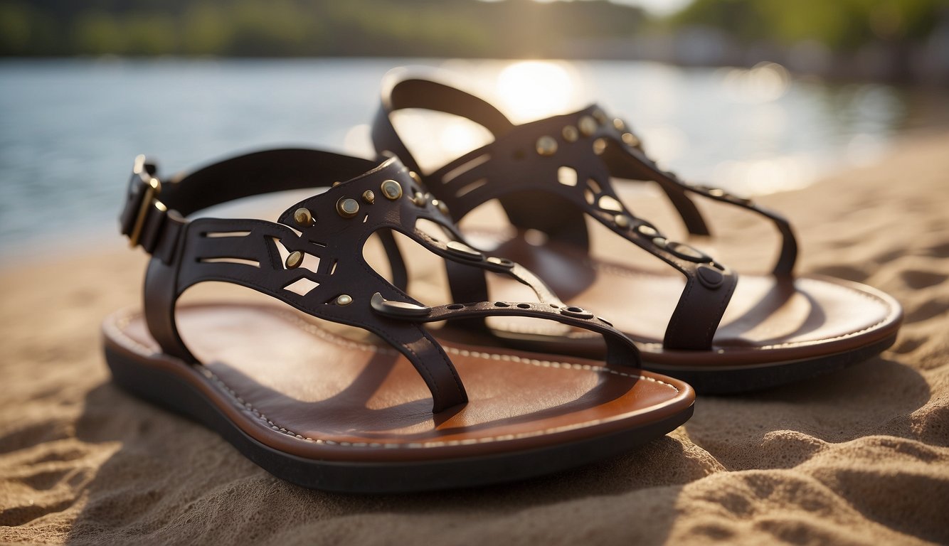 A pair of sandals with a toe spacer placed between the big toe and second toe, set against a background of a soothing and relaxing environment