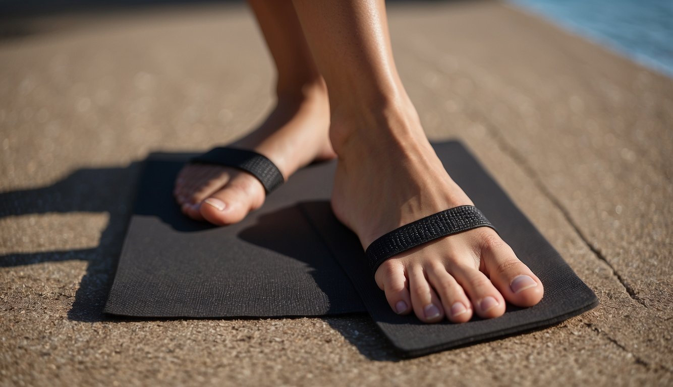 Toes stretching apart on a yoga mat, with toe spacers placed between each toe. A person's foot is flexed, demonstrating the effectiveness of the toe spacers