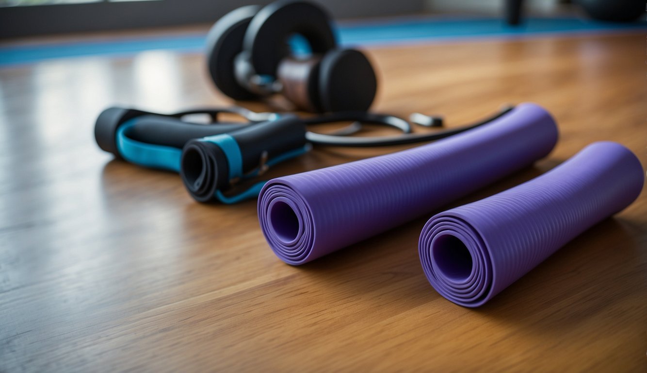 A pair of toe spacers placed on a flat surface, surrounded by exercise equipment like resistance bands and a yoga mat
