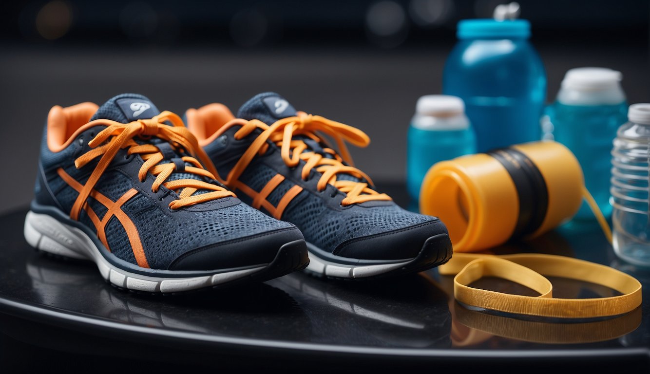 A pair of running shoes with toe spacers placed inside, surrounded by stretching bands and a water bottle