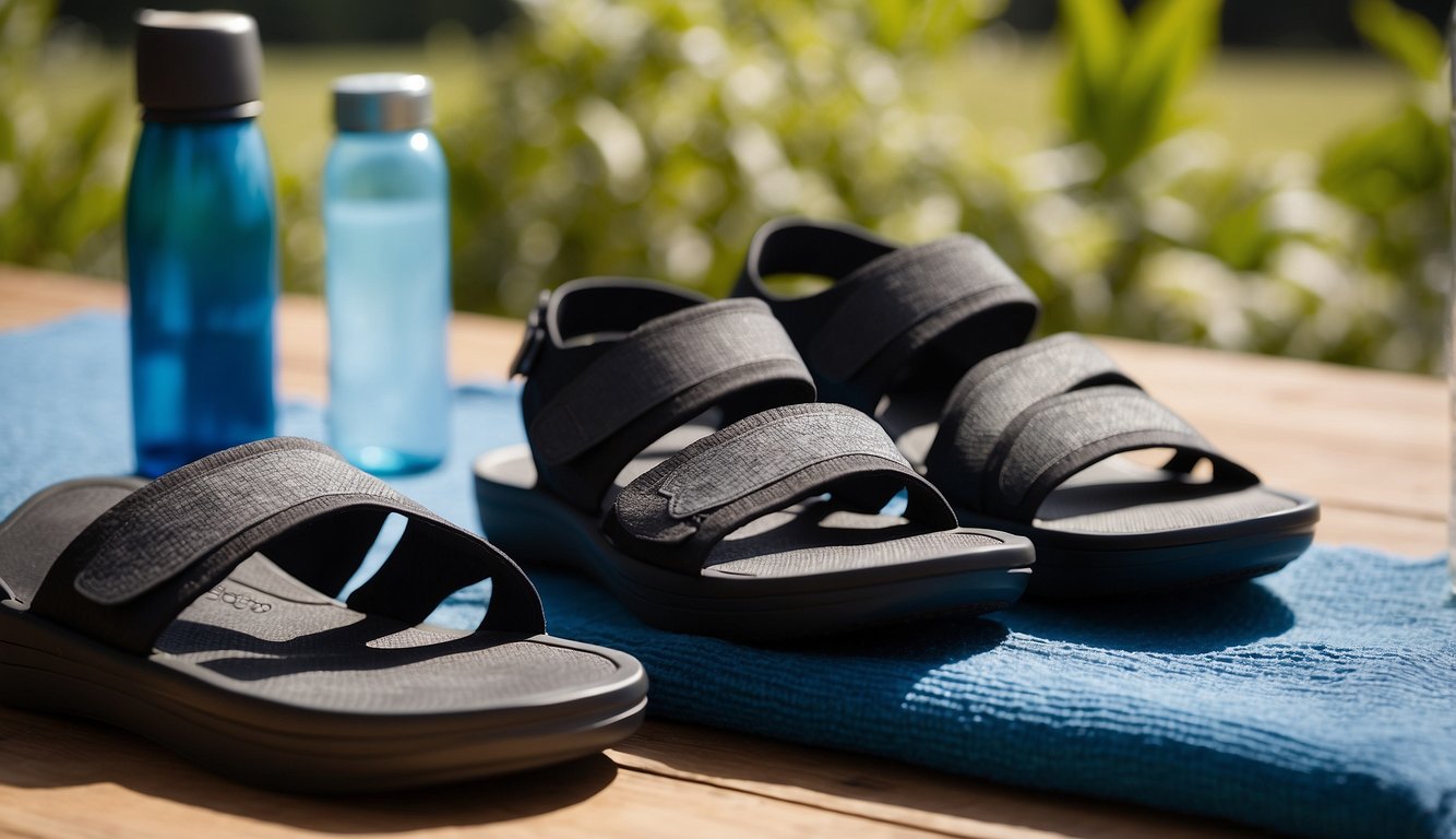 A pair of toe spacers placed on a yoga mat next to a pair of sandals, with a towel and water bottle nearby