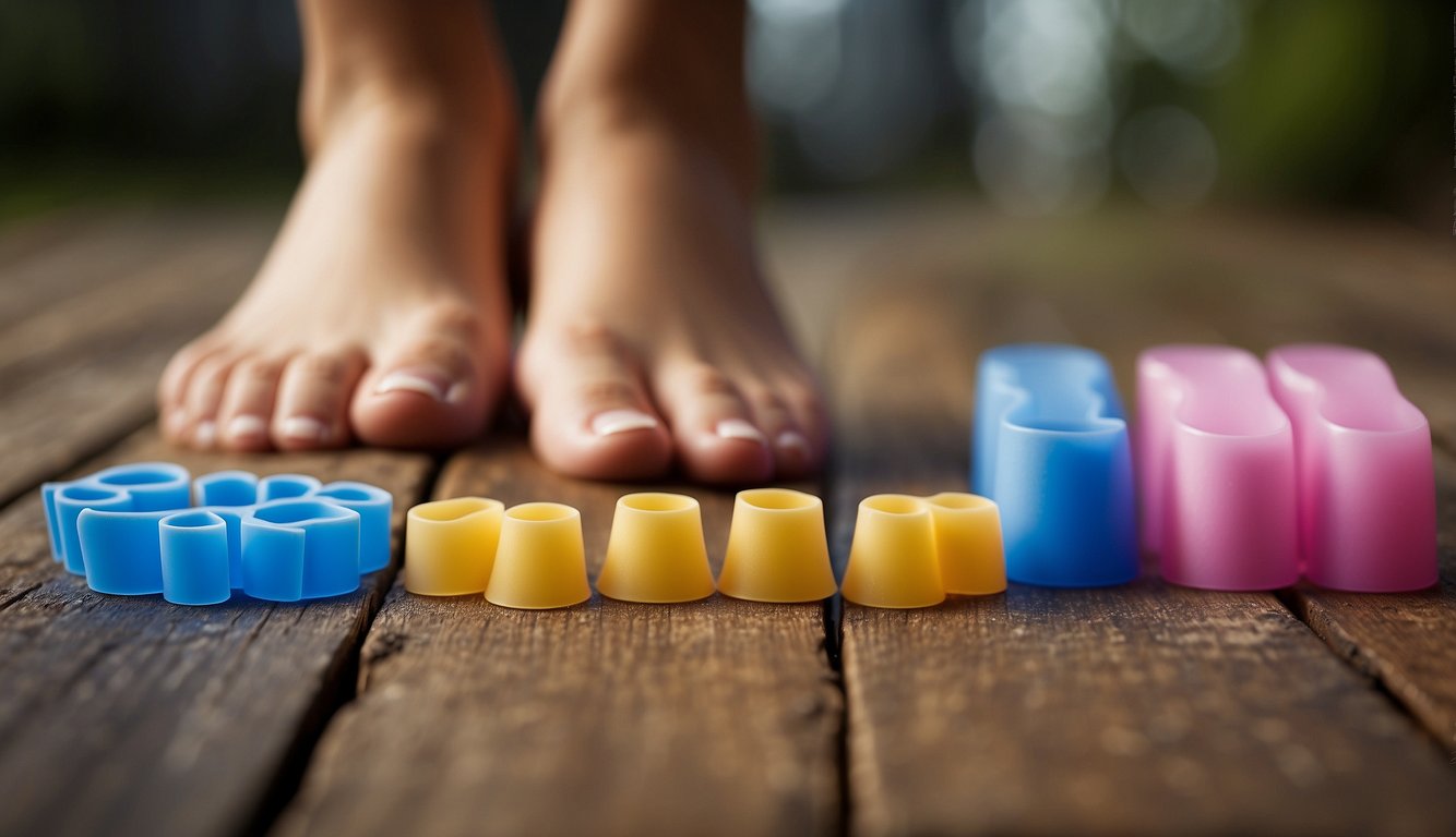 Various toe spacers in a row, made of silicone and foam. A diagram showing how they can relieve metatarsalgia